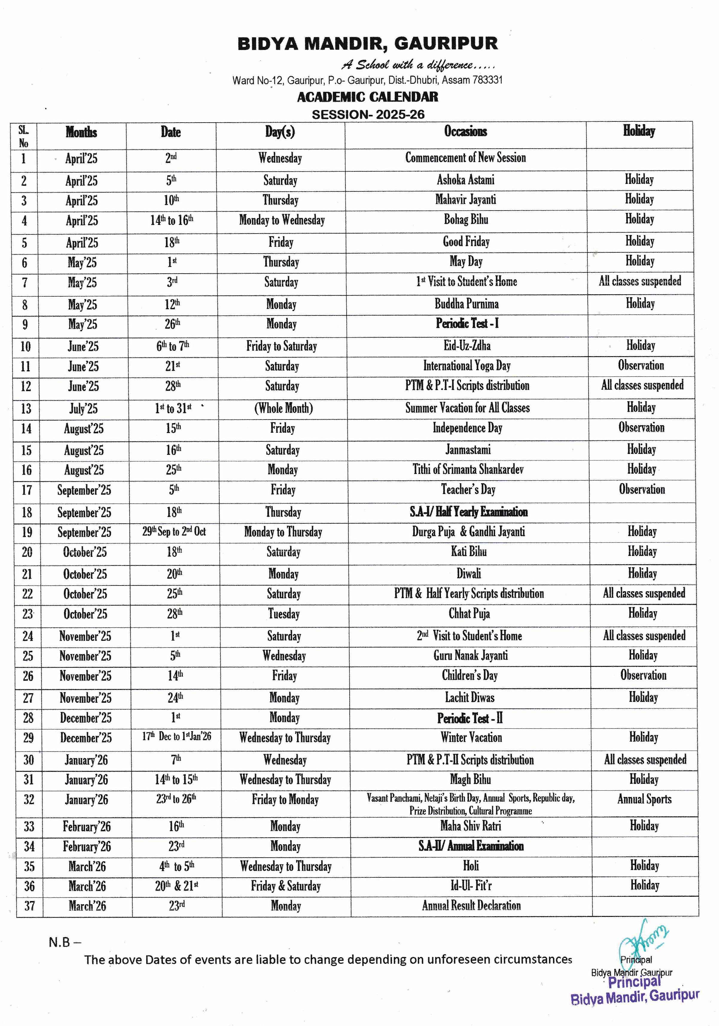 Academic Calendar Page